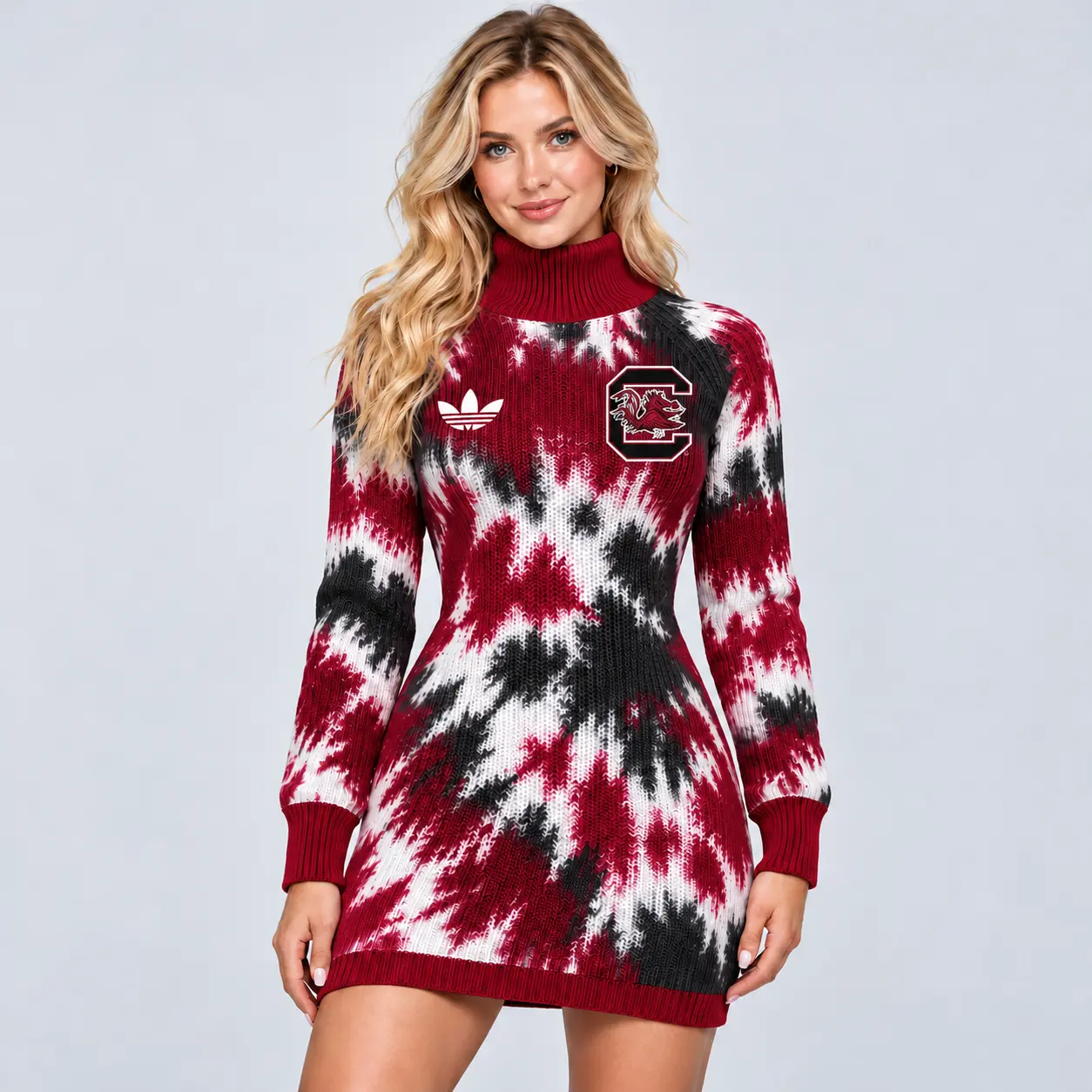 South Carolina Gamecocks | Premium NCAA Women's Vibrant Tie Dye Print Turtleneck Long Sleeve Bodycon Knit Sweater Mini Dress NDN