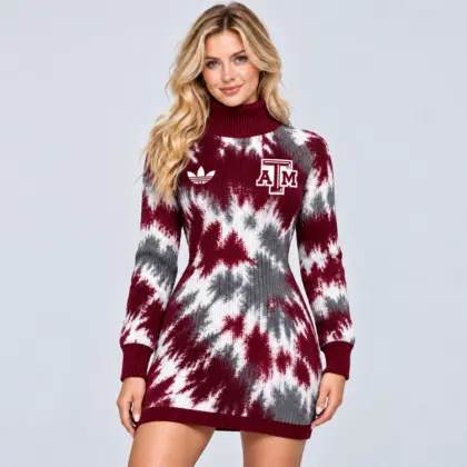 Texas A&m Aggies | Premium NCAA Women's Vibrant Tie Dye Print Turtleneck Long Sleeve Bodycon Knit Sweater Mini Dress NDN