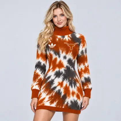 Texas Longhorns | Premium NCAA Women's Vibrant Tie Dye Print Turtleneck Long Sleeve Bodycon Knit Sweater Mini Dress NDN