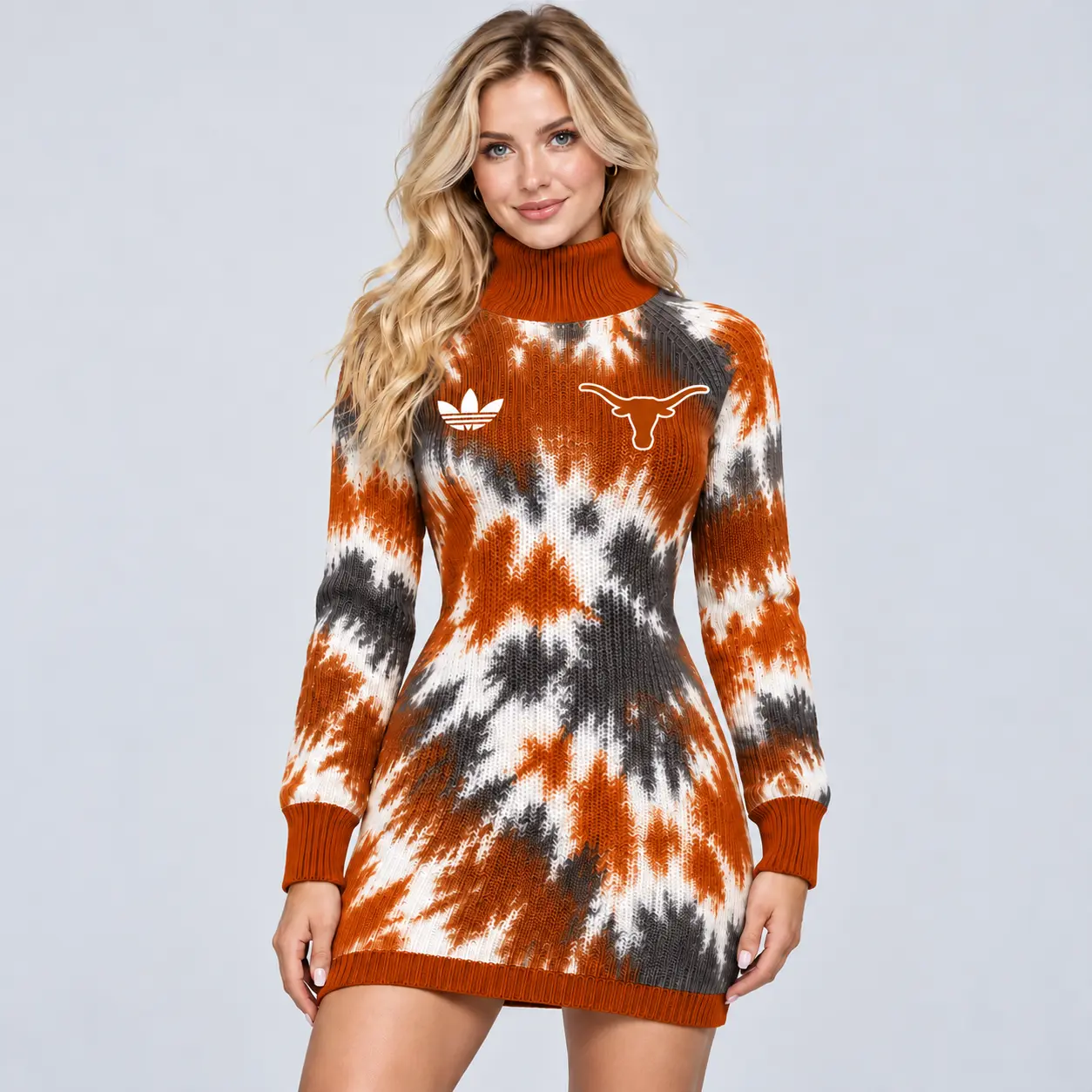 Texas Longhorns | Premium NCAA Women's Vibrant Tie Dye Print Turtleneck Long Sleeve Bodycon Knit Sweater Mini Dress NDN