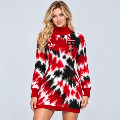Texas Tech Red Raiders | Premium NCAA Women's Vibrant Tie Dye Print Turtleneck Long Sleeve Bodycon Knit Sweater Mini Dress NDN
