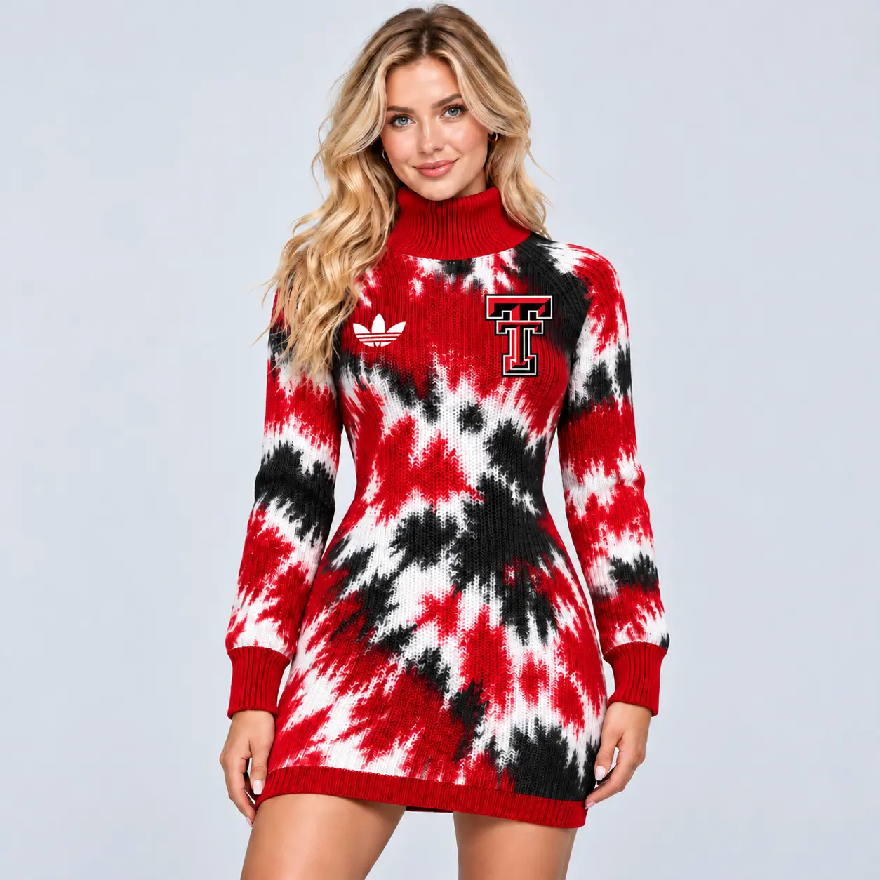 Texas Tech Red Raiders | Premium NCAA Women's Vibrant Tie Dye Print Turtleneck Long Sleeve Bodycon Knit Sweater Mini Dress NDN