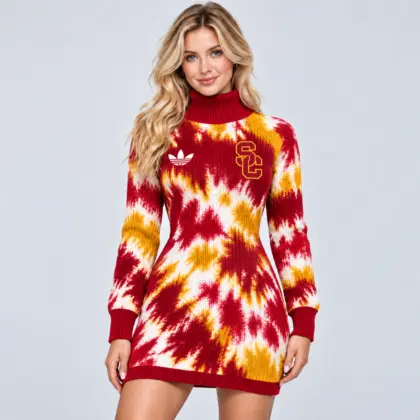 Usc Trojans | Premium NCAA Women's Vibrant Tie Dye Print Turtleneck Long Sleeve Bodycon Knit Sweater Mini Dress NDN