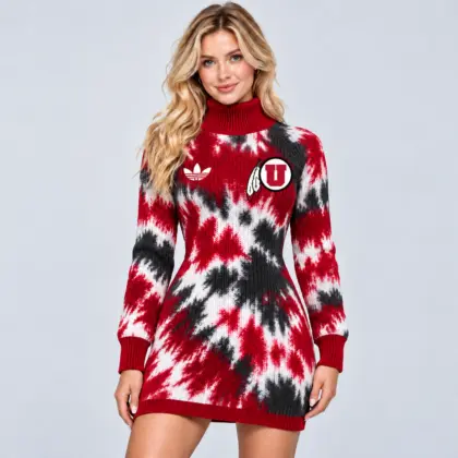 Utah Utes | Premium NCAA Women's Vibrant Tie Dye Print Turtleneck Long Sleeve Bodycon Knit Sweater Mini Dress NDN