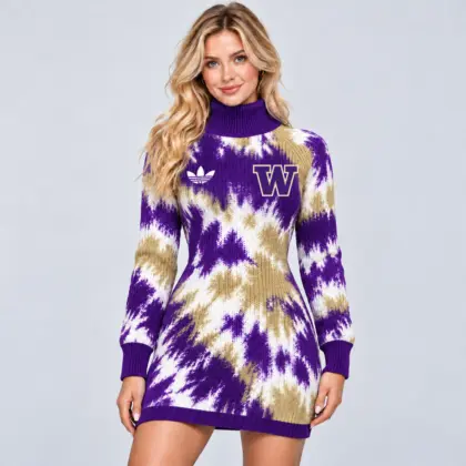 Washington Huskies | Premium NCAA Women's Vibrant Tie Dye Print Turtleneck Long Sleeve Bodycon Knit Sweater Mini Dress NDN
