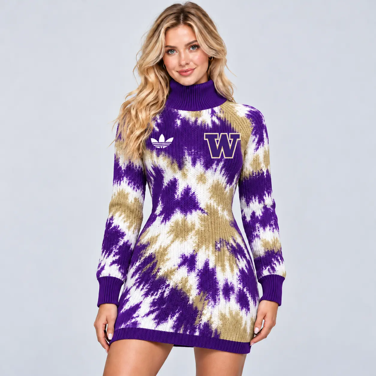 Washington Huskies | Premium NCAA Women's Vibrant Tie Dye Print Turtleneck Long Sleeve Bodycon Knit Sweater Mini Dress NDN
