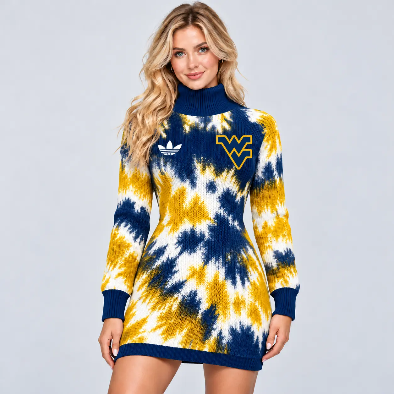 West Virginia Mountaineers | Premium NCAA Women's Vibrant Tie Dye Print Turtleneck Long Sleeve Bodycon Knit Sweater Mini Dress NDN