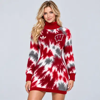 Wisconsin Badgers | Premium NCAA Women's Vibrant Tie Dye Print Turtleneck Long Sleeve Bodycon Knit Sweater Mini Dress NDN