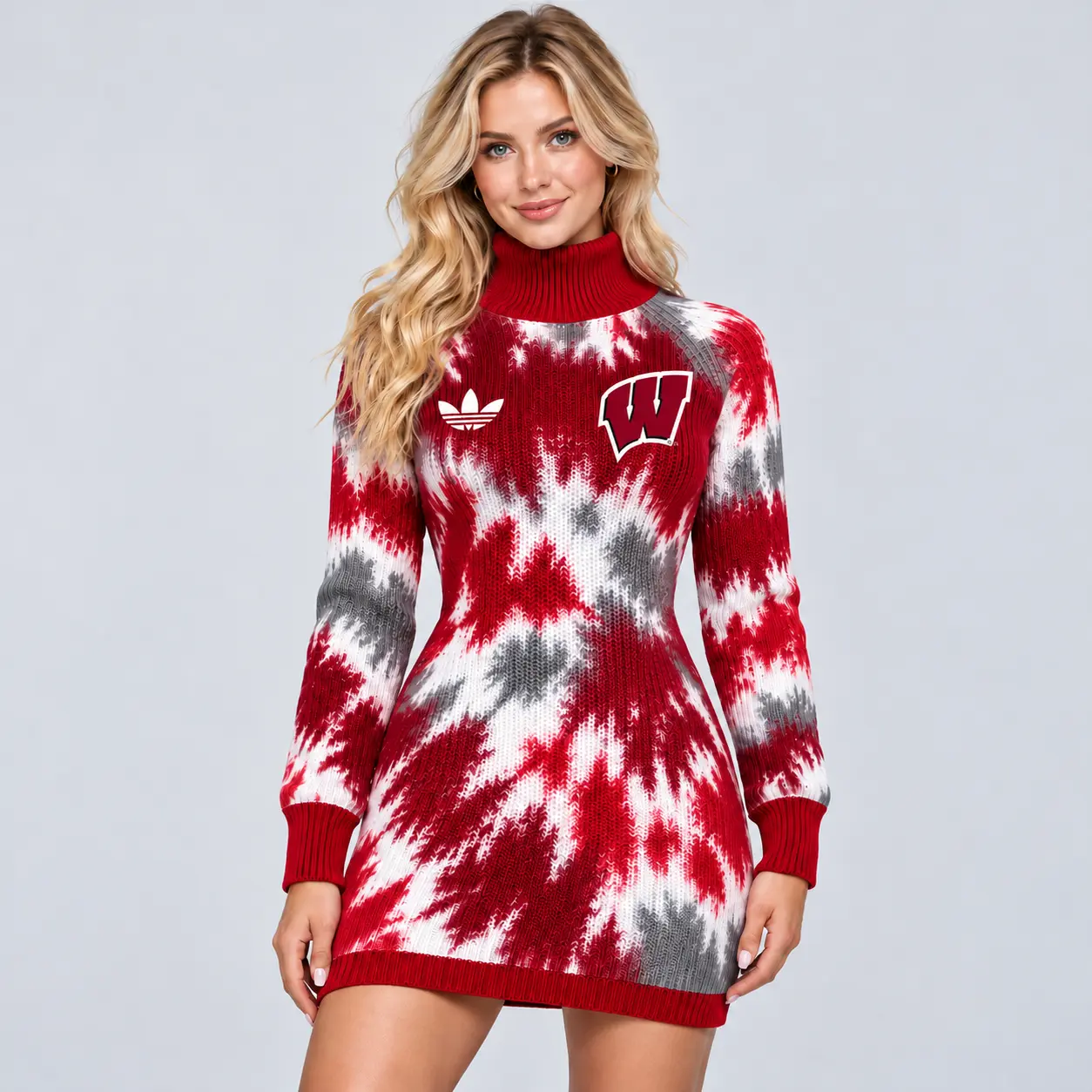 Wisconsin Badgers | Premium NCAA Women's Vibrant Tie Dye Print Turtleneck Long Sleeve Bodycon Knit Sweater Mini Dress NDN