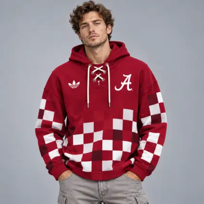 Alabama Crimson Tide | Premium NCAA Retro Checkerboard Color Block Lace Up V Neck Pullover Hoodie NDN