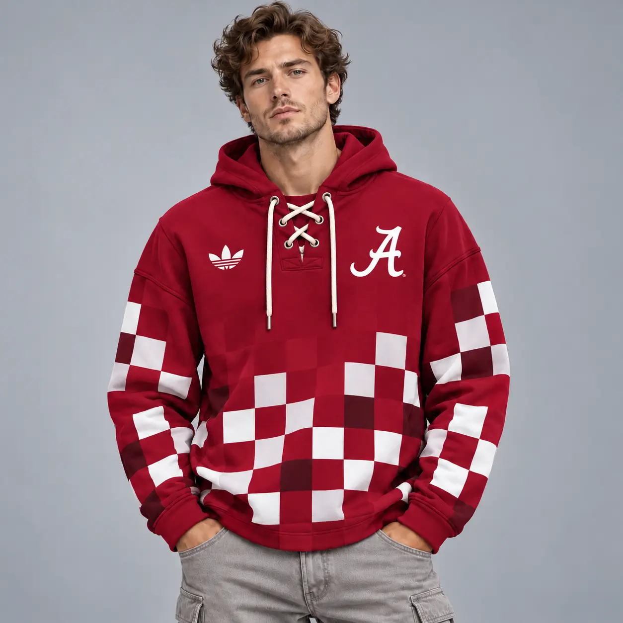 Alabama Crimson Tide | Premium NCAA Retro Checkerboard Color Block Lace Up V Neck Pullover Hoodie NDN