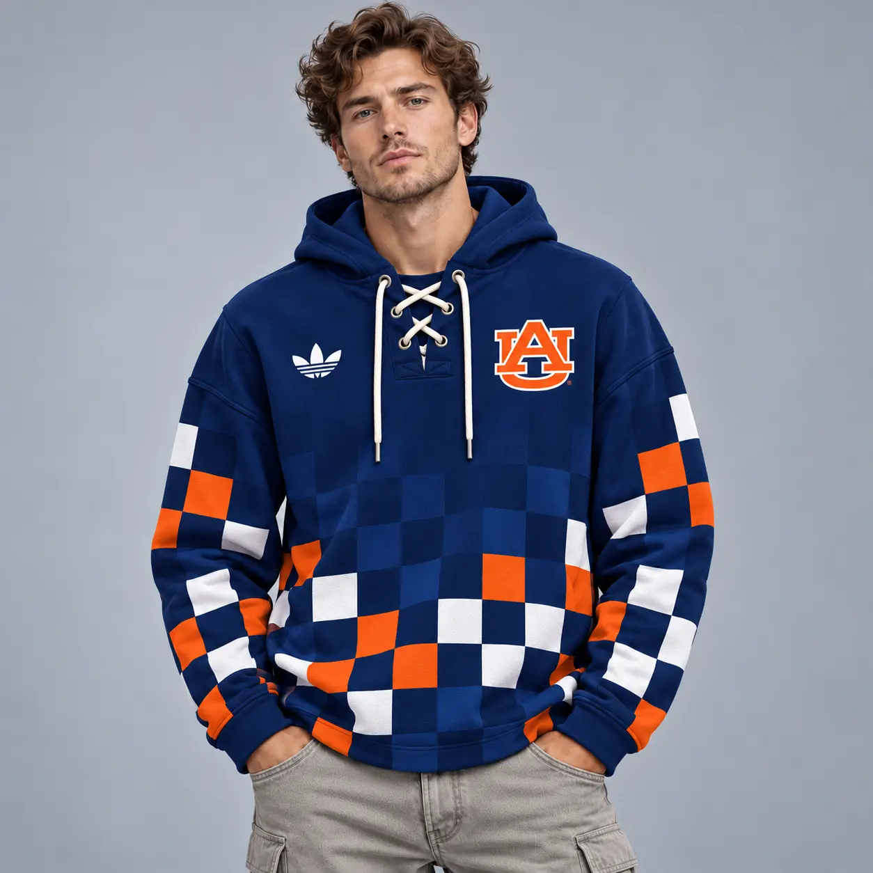 Auburn Tigers | Premium NCAA Retro Checkerboard Color Block Lace Up V Neck Pullover Hoodie NDN