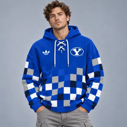 Byu Cougars | Premium NCAA Retro Checkerboard Color Block Lace Up V Neck Pullover Hoodie NDN