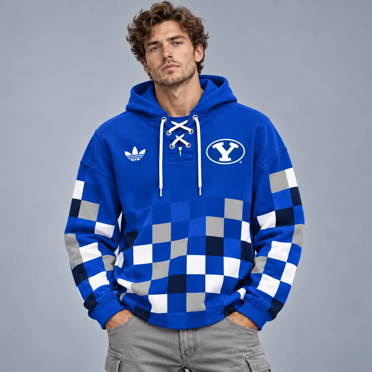 Byu Cougars | Premium NCAA Retro Checkerboard Color Block Lace Up V Neck Pullover Hoodie NDN