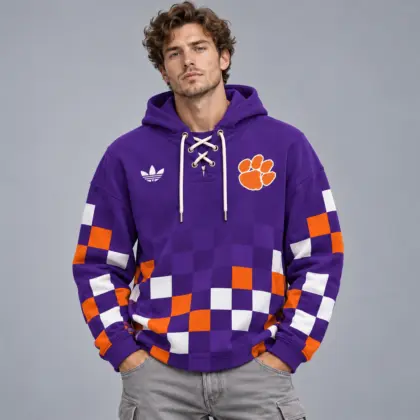 Clemson Tigers | Premium NCAA Retro Checkerboard Color Block Lace Up V Neck Pullover Hoodie NDN