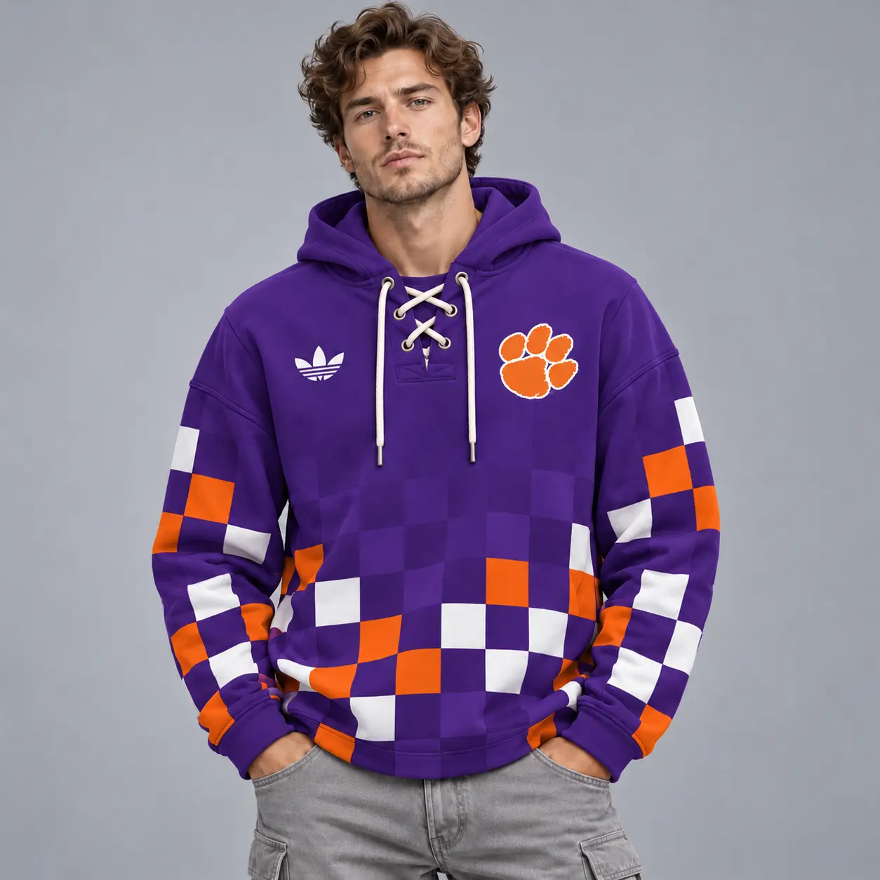 Clemson Tigers | Premium NCAA Retro Checkerboard Color Block Lace Up V Neck Pullover Hoodie NDN