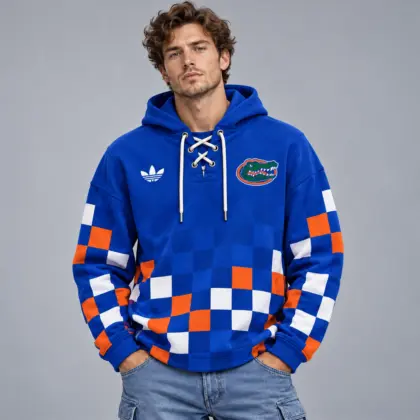 Florida Gators | Premium NCAA Retro Checkerboard Color Block Lace Up V Neck Pullover Hoodie NDN