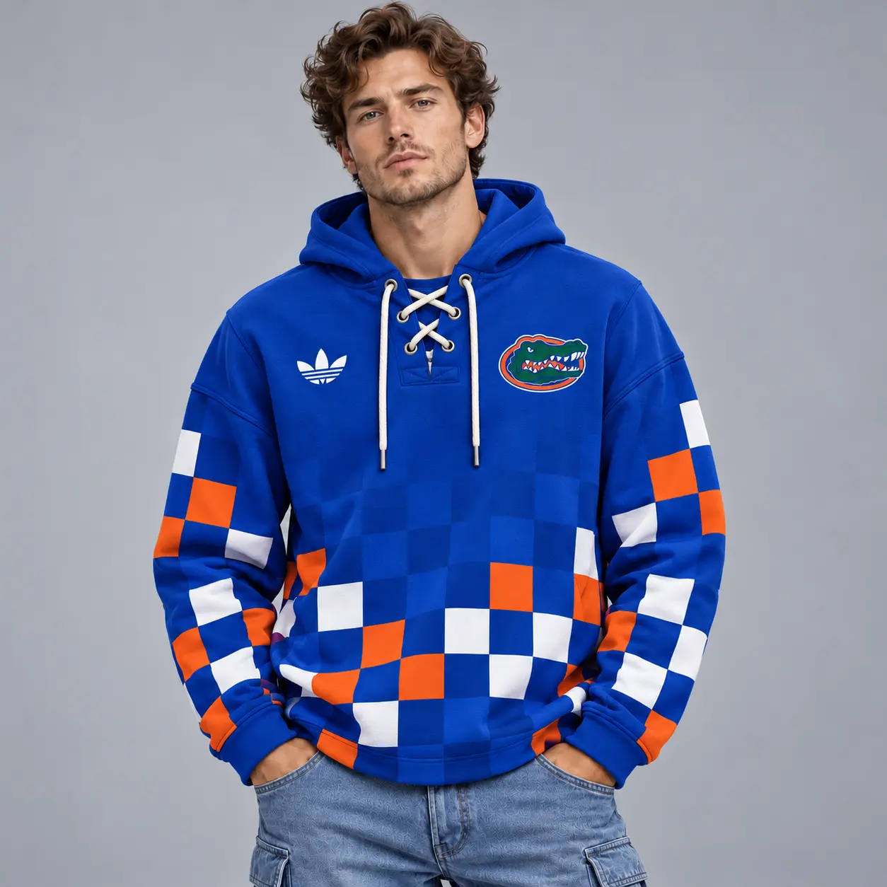 Florida Gators | Premium NCAA Retro Checkerboard Color Block Lace Up V Neck Pullover Hoodie NDN