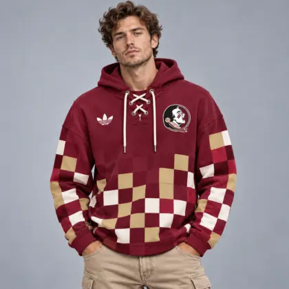 Florida State Seminoles | Premium NCAA Retro Checkerboard Color Block Lace Up V Neck Pullover Hoodie NDN