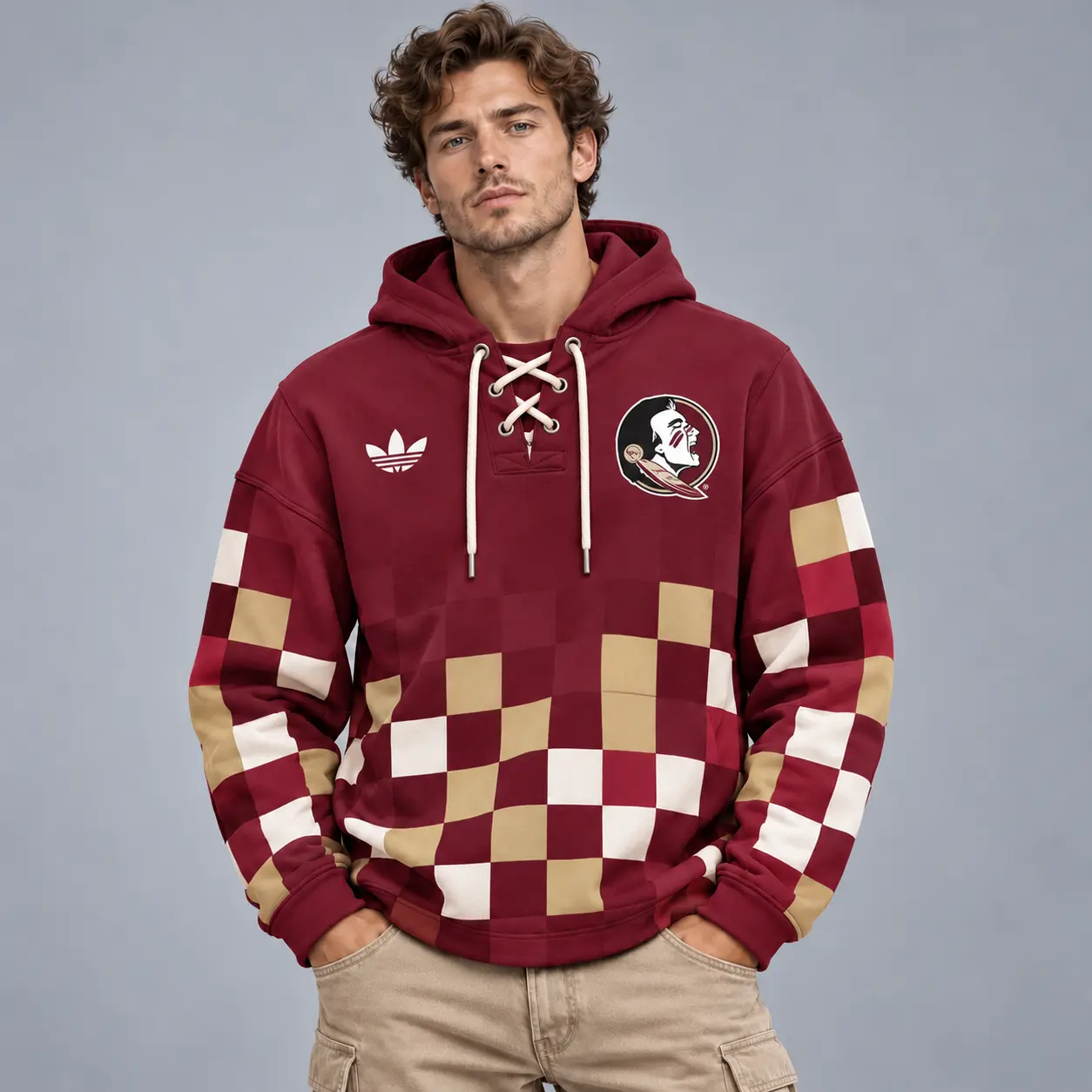 Florida State Seminoles | Premium NCAA Retro Checkerboard Color Block Lace Up V Neck Pullover Hoodie NDN