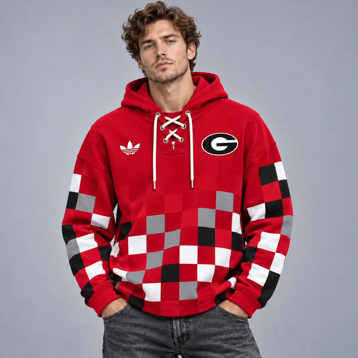 Georgia Bulldogs | Premium NCAA Retro Checkerboard Color Block Lace Up V Neck Pullover Hoodie NDN