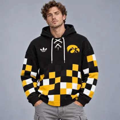 Iowa Hawkeyes | Premium NCAA Retro Checkerboard Color Block Lace Up V Neck Pullover Hoodie NDN
