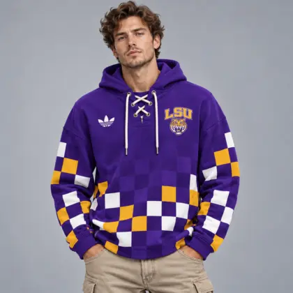 Lsu Tigers | Premium NCAA Retro Checkerboard Color Block Lace Up V Neck Pullover Hoodie NDN