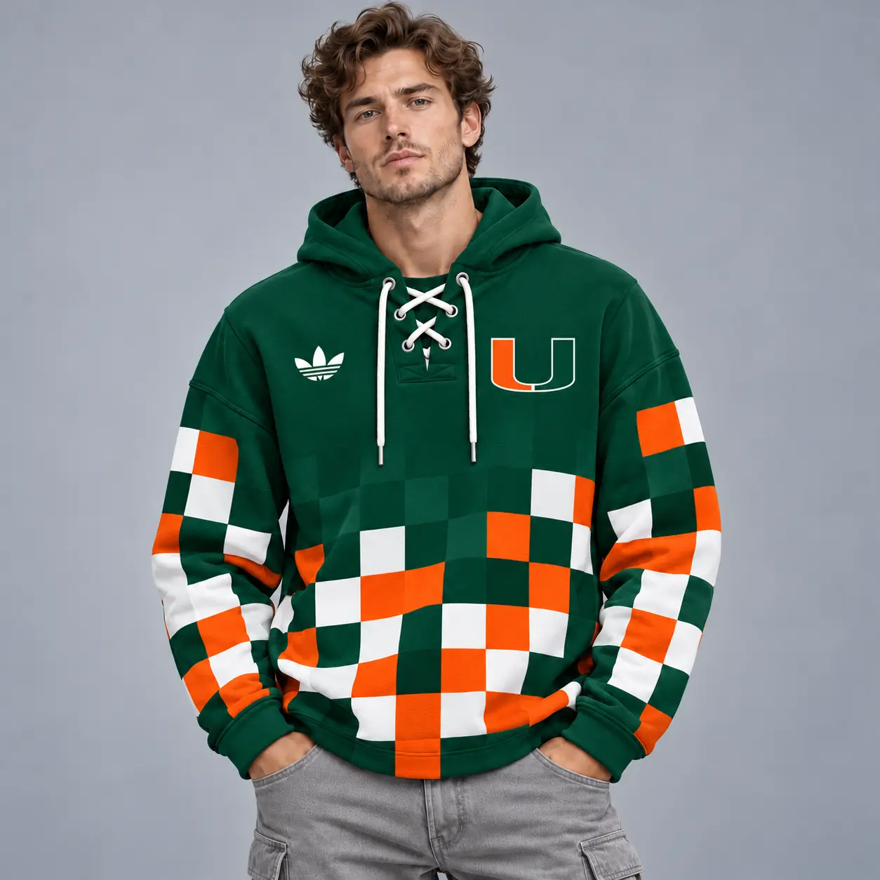 Miami Hurricanes | Premium NCAA Retro Checkerboard Color Block Lace Up V Neck Pullover Hoodie NDN