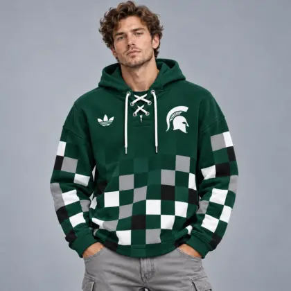 Michigan State Spartans | Premium NCAA Retro Checkerboard Color Block Lace Up V Neck Pullover Hoodie NDN