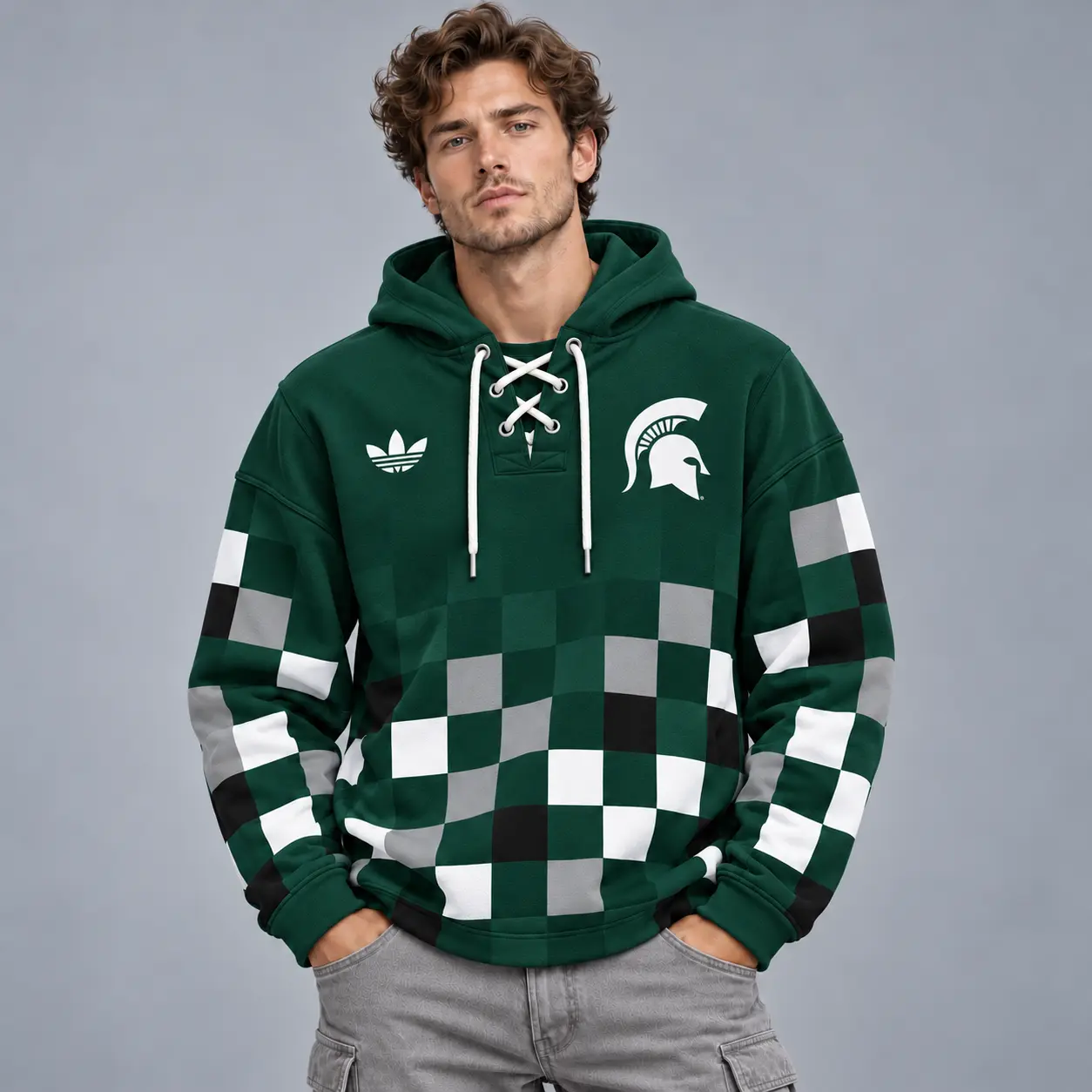 Michigan State Spartans | Premium NCAA Retro Checkerboard Color Block Lace Up V Neck Pullover Hoodie NDN