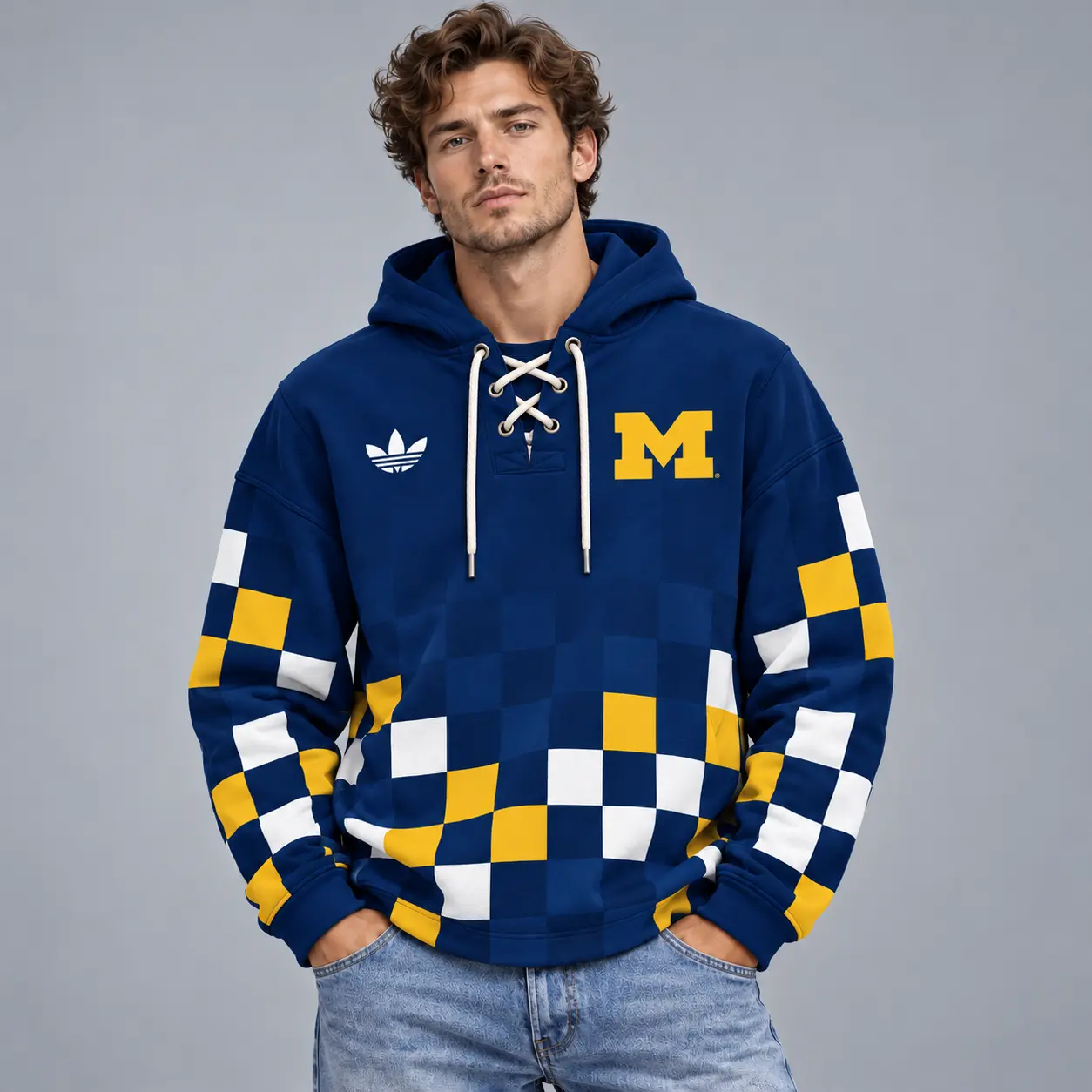 Michigan Wolverines | Premium NCAA Retro Checkerboard Color Block Lace Up V Neck Pullover Hoodie NDN