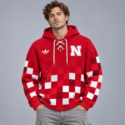 Nebraska Cornhuskers | Premium NCAA Retro Checkerboard Color Block Lace Up V Neck Pullover Hoodie NDN