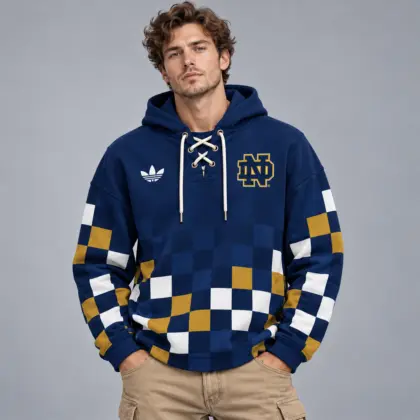 Notre Dame Fighting Irish | Premium NCAA Retro Checkerboard Color Block Lace Up V Neck Pullover Hoodie NDN