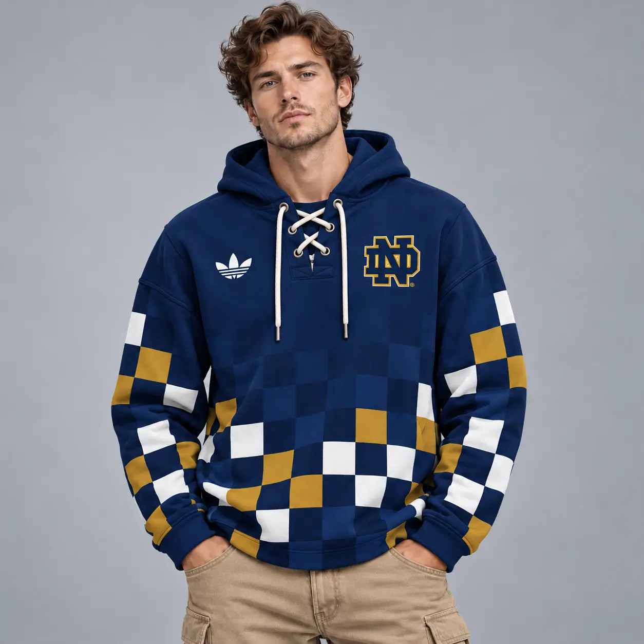 Notre Dame Fighting Irish | Premium NCAA Retro Checkerboard Color Block Lace Up V Neck Pullover Hoodie NDN