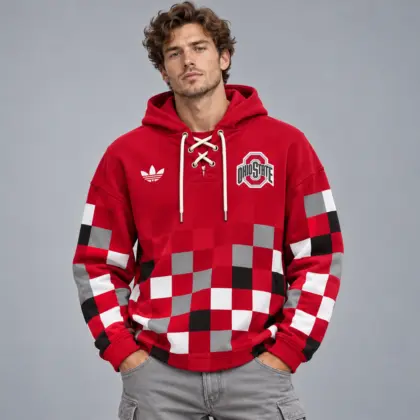 Ohio State Buckeyes | Premium NCAA Retro Checkerboard Color Block Lace Up V Neck Pullover Hoodie NDN