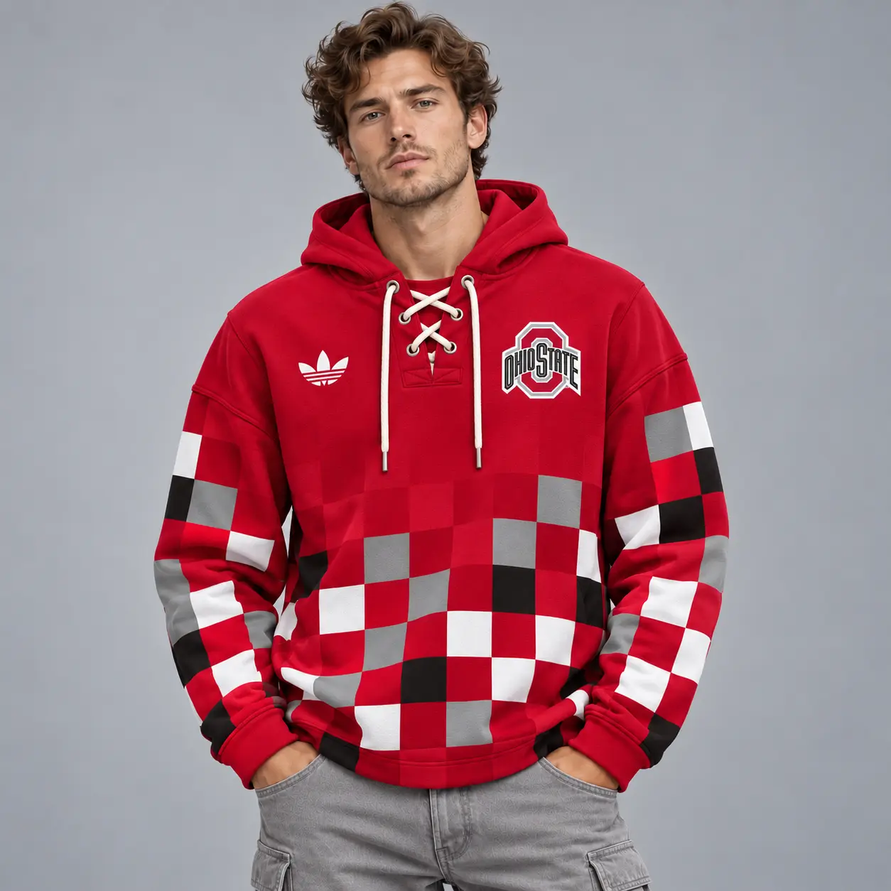 Ohio State Buckeyes | Premium NCAA Retro Checkerboard Color Block Lace Up V Neck Pullover Hoodie NDN
