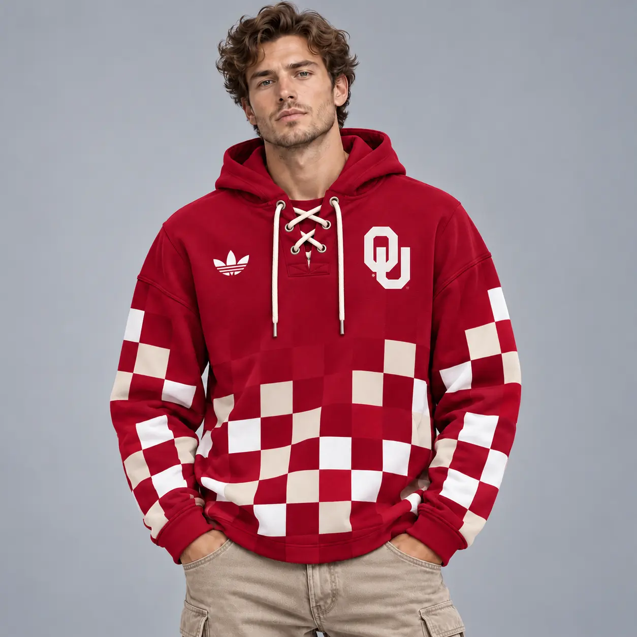 Oklahoma Sooners | Premium NCAA Retro Checkerboard Color Block Lace Up V Neck Pullover Hoodie NDN