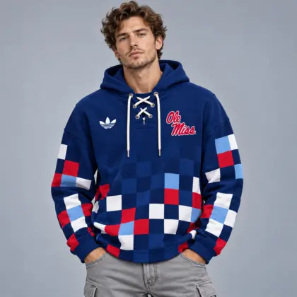 Ole Miss Rebels | Premium NCAA Retro Checkerboard Color Block Lace Up V Neck Pullover Hoodie NDN