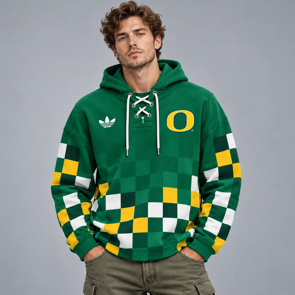 Oregon Ducks | Premium NCAA Retro Checkerboard Color Block Lace Up V Neck Pullover Hoodie NDN