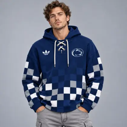 Penn State Nittany Lions | Premium NCAA Retro Checkerboard Color Block Lace Up V Neck Pullover Hoodie NDN