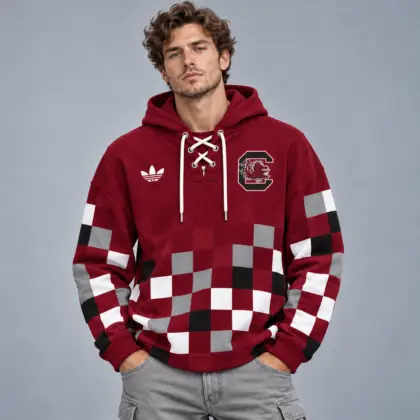 South Carolina Gamecocks | Premium NCAA Retro Checkerboard Color Block Lace Up V Neck Pullover Hoodie NDN