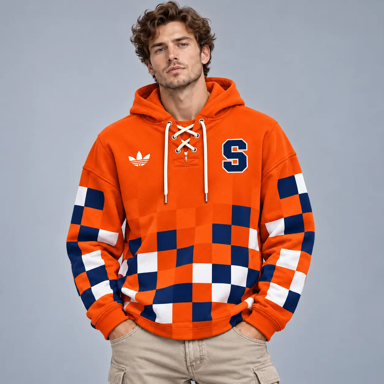 Syracuse Orange | Premium NCAA Retro Checkerboard Color Block Lace Up V Neck Pullover Hoodie NDN
