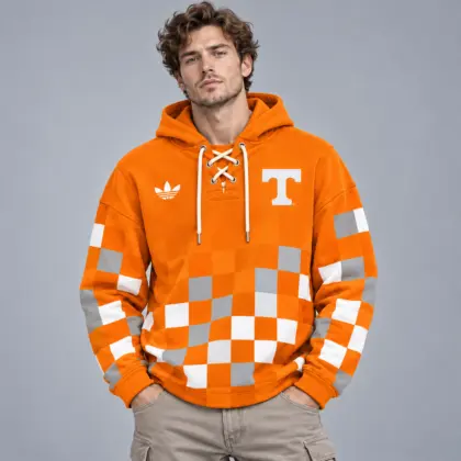 Tennessee Volunteers | Premium NCAA Retro Checkerboard Color Block Lace Up V Neck Pullover Hoodie NDN