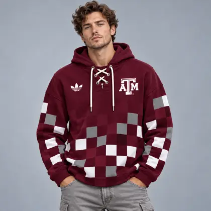 Texas A&m Aggies | Premium NCAA Retro Checkerboard Color Block Lace Up V Neck Pullover Hoodie NDN