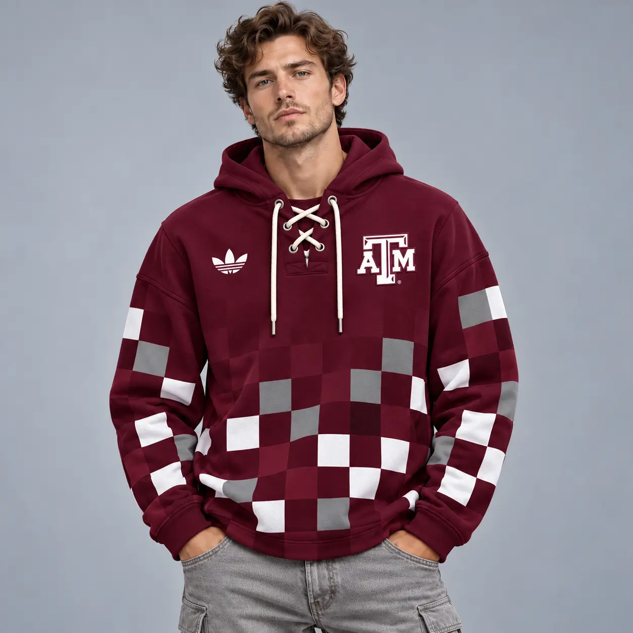 Texas A&m Aggies | Premium NCAA Retro Checkerboard Color Block Lace Up V Neck Pullover Hoodie NDN