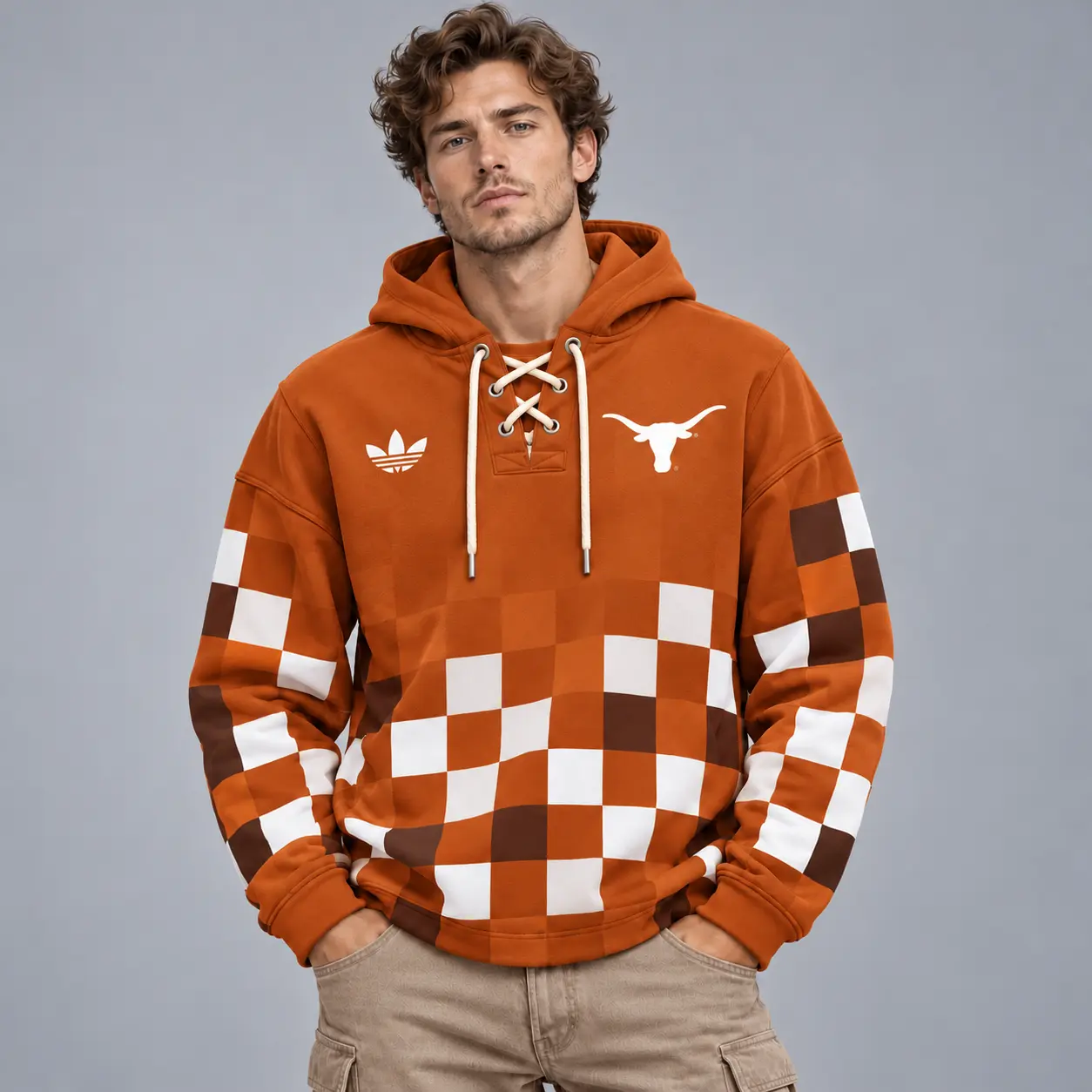 Texas Longhorns | Premium NCAA Retro Checkerboard Color Block Lace Up V Neck Pullover Hoodie NDN