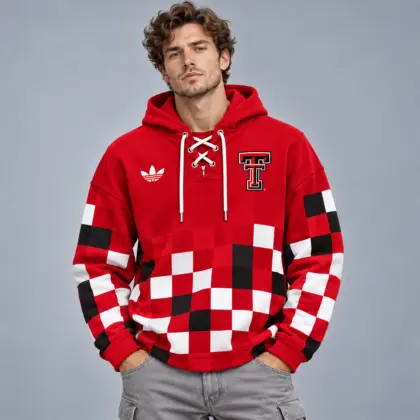 Texas Tech Red Raiders | Premium NCAA Retro Checkerboard Color Block Lace Up V Neck Pullover Hoodie NDN