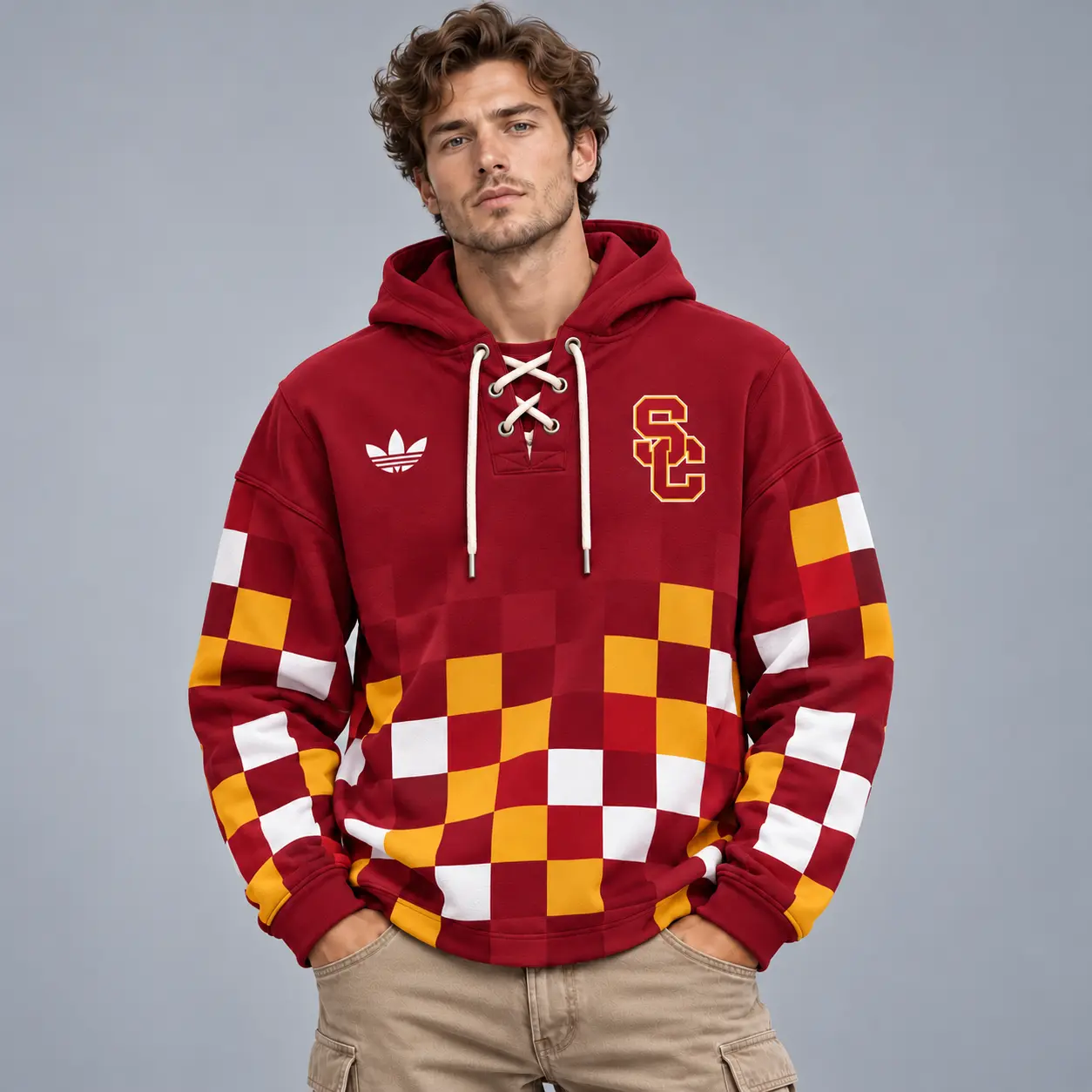 Usc Trojans | Premium NCAA Retro Checkerboard Color Block Lace Up V Neck Pullover Hoodie NDN