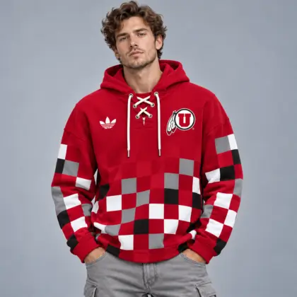 Utah Utes | Premium NCAA Retro Checkerboard Color Block Lace Up V Neck Pullover Hoodie NDN