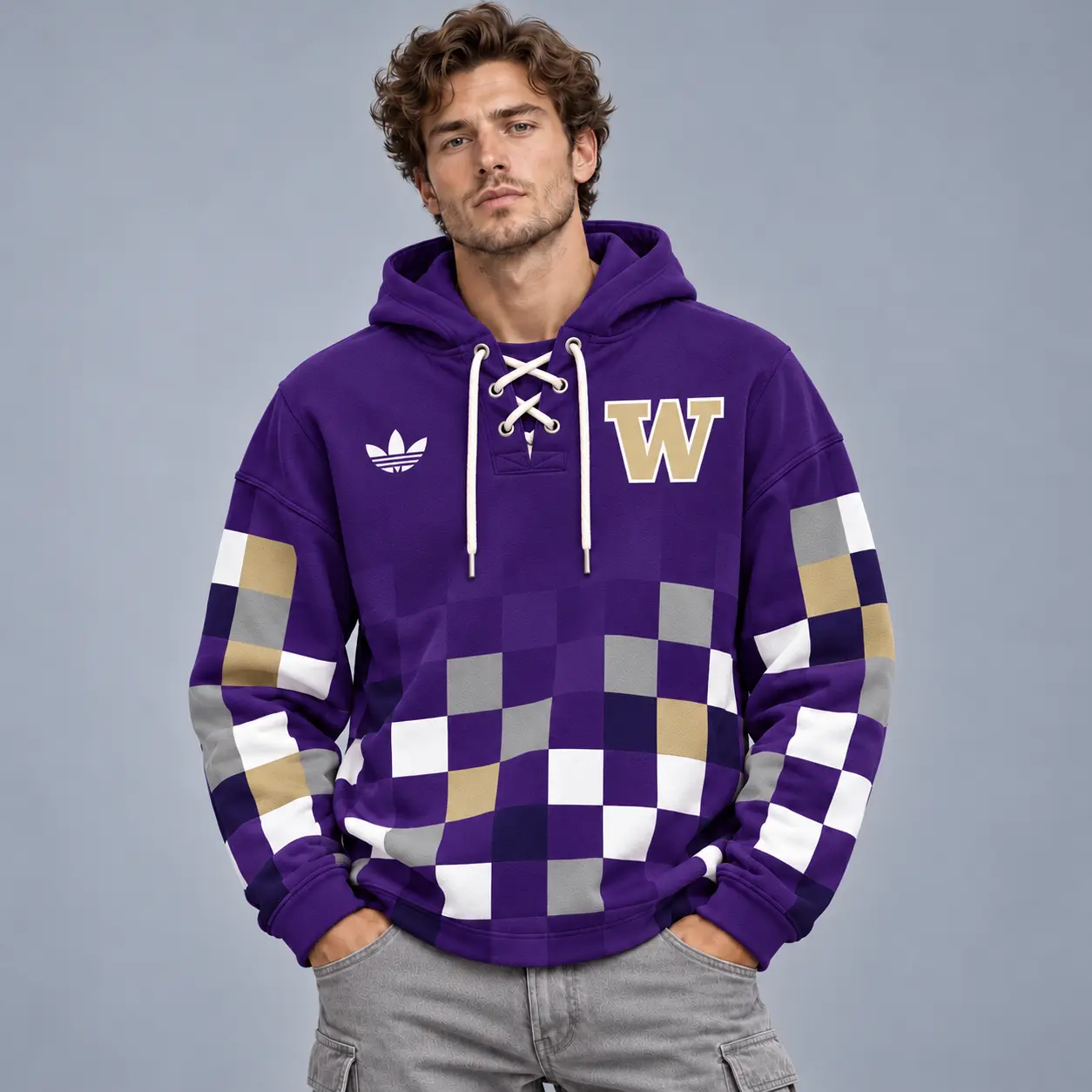 Washington Huskies | Premium NCAA Retro Checkerboard Color Block Lace Up V Neck Pullover Hoodie NDN